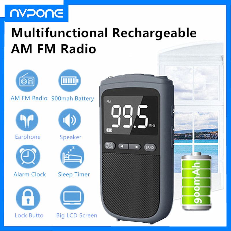 Radio de bolsillo con reloj despertador, miniauricular FM, estéreo personal, recargable, para exteriores, con movimiento AM, para transmisión del tiempo_voghion.com