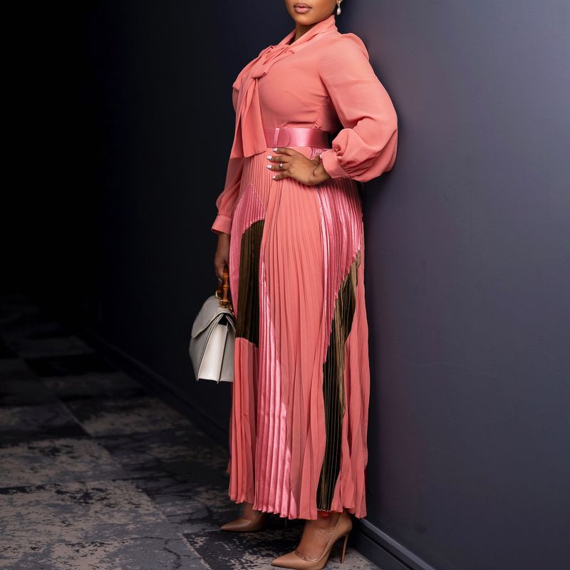 Großes Damenkleid im Herbst 2024, Neuheit mit Schnürung, Plissee, langen Ärmeln, Farbblock, elegantes Kleid mit Temperament_voghion.com