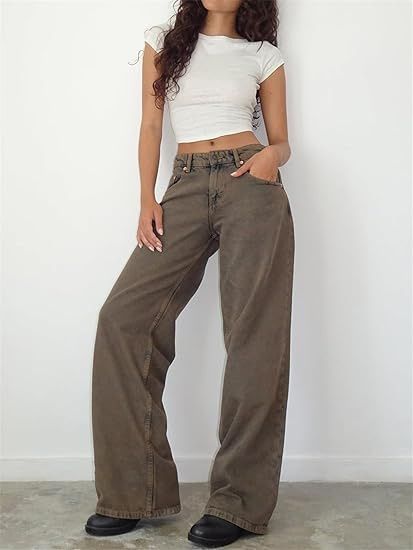 Sieviešu apģērbi ar zemu vidukli neelastīgi mazgāti taisni džinsi sievietēm rudens jaunas ielas platas džinsa bikses sievietēm_voghion.com