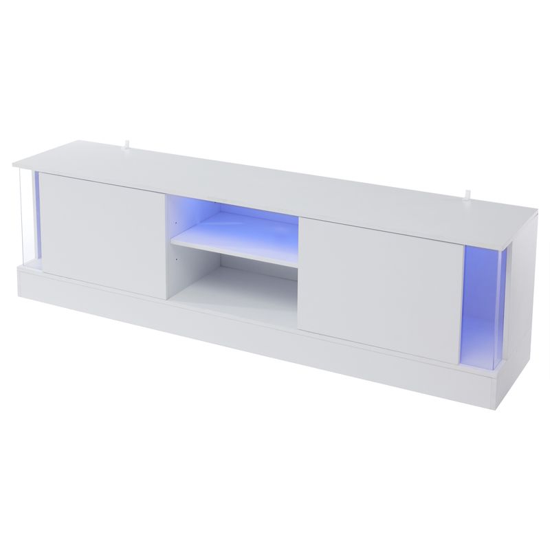 Meuble TV blanc brillant pour téléviseurs jusqu'à 70 pouces, console multimédia sur pied avec éclairage LED, centre de divertissement pour salon_voghion.com