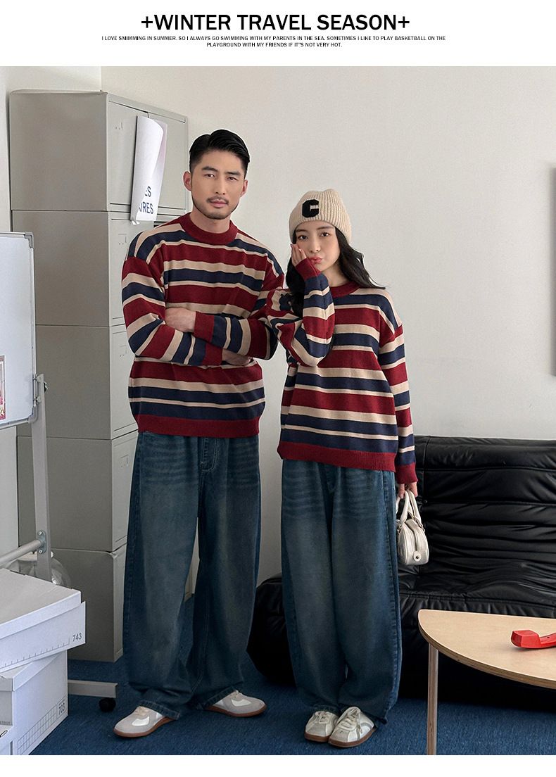Retro Striped Knitwear Family Sets – 90s Hong Kong Style Matching Sweaters & Denim Pants (S-3XL, Acrylic-Blend, Fall/Winter Photoshoot Outfits)_voghion.com