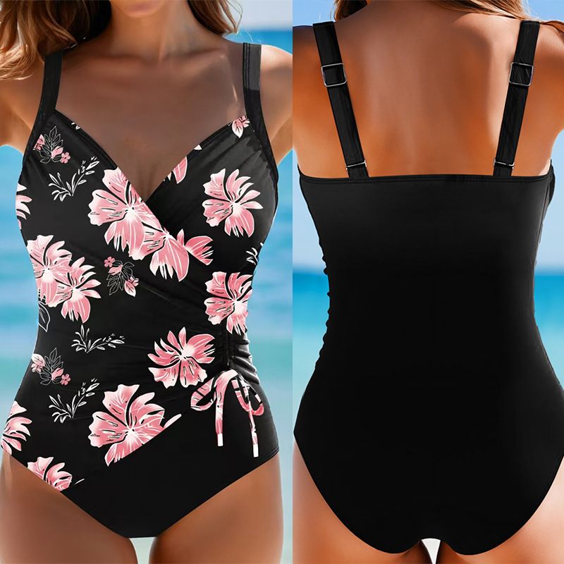 Women's One-Piece Swimsuit - Sexy Solid Color & Print Mix Design Quick Dry Fabric Tummy Control Swimwear_voghion.com