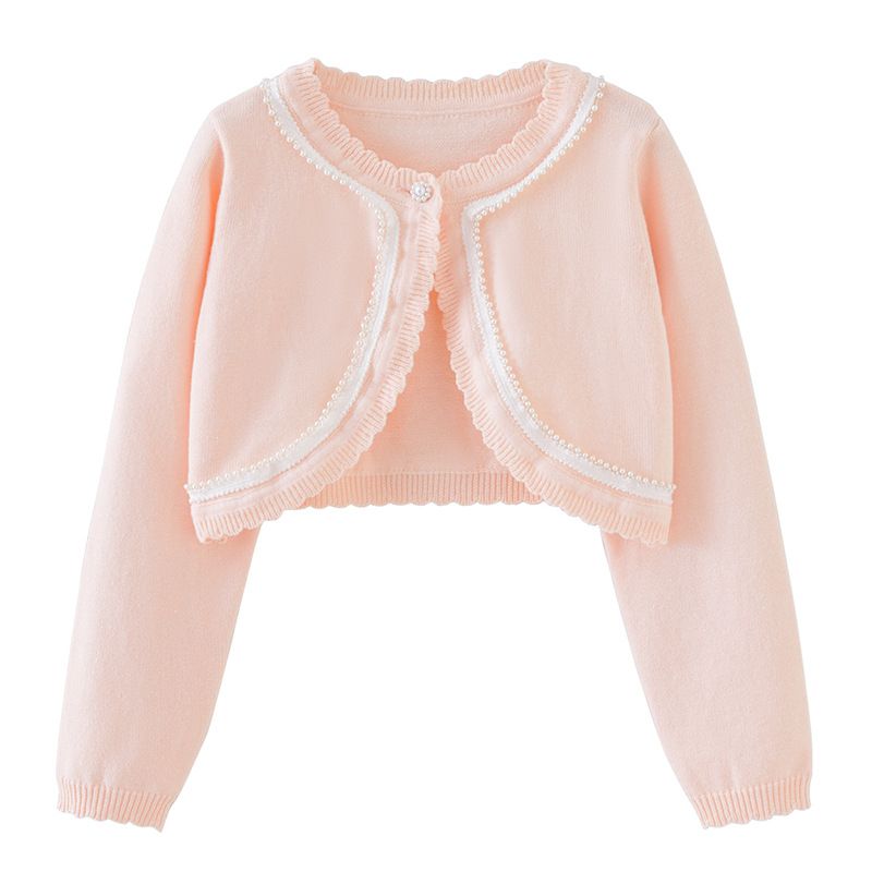 Cardigan en tricot de coton pour fille – Veste d'été légère avec bordure perlée (90-160 cm, blanc/rose/violet, sécurité classe B)_voghion.com