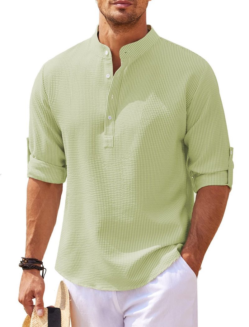 Camicia a maniche lunghe da uomo, colletto alto, mezza camicia con bottoni, camicia a quadri con ananas_voghion.com