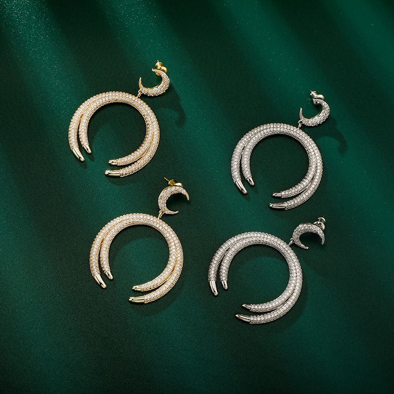 Doppelmond-Ohrringe aus 925er Silber – übertriebener Hip-Hop-Schmuck mit Vollzirkon für Damen_voghion.com