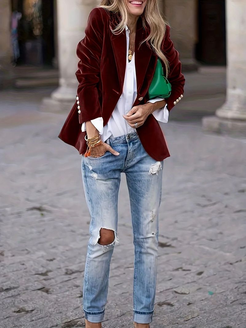 Blazer doppiopetto senza maniche con finiture in velluto per donna, primaverile, da ufficio (rosso/blu/verde/nero) | Dolce e sofisticato (S-XXL)_voghion.com