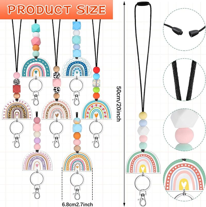 8 Stück Lehrer-Schlüsselband in Regenbogenfarben, mit Silikonperlen, Acryl-Schlüsselanhänger, Posmi-Schlüsselband in Regenbogenfarben mit Perlen, Seil aus Silikonperlen_voghion.com