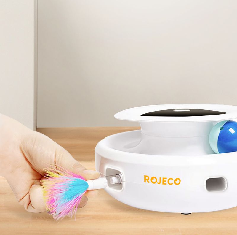 ROJECO 2-in-1-Smart-Katzenspielzeug, automatisches Federball-Spielzeugset für Katzen und Hunde, 5 Modi, elektronisches interaktives Haustierspielzeug-Zubehör_voghion.com