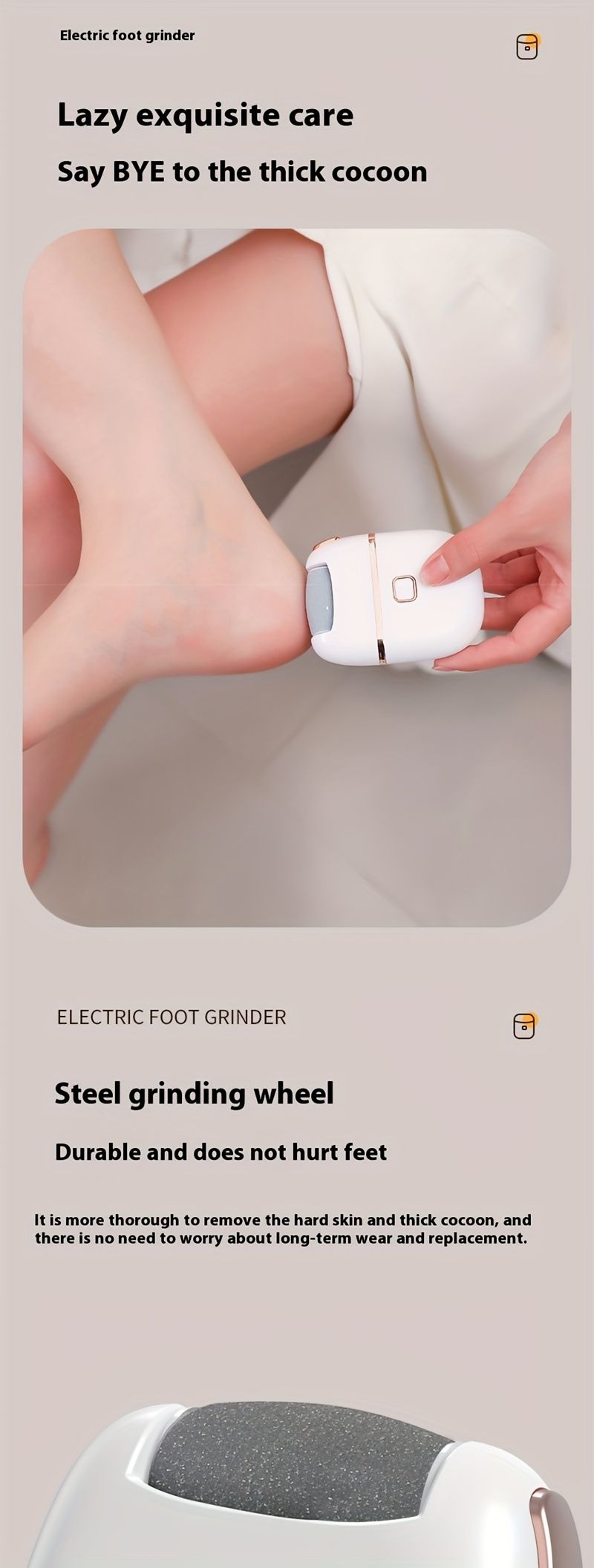 Wiederaufladbarer elektrischer Fußschleifer, 3 Köpfe, 2-Gang-USB-Aufladung, tragbar für die Fuß- und Handpflege, hellbeige, Haushaltsgeräte_voghion.com