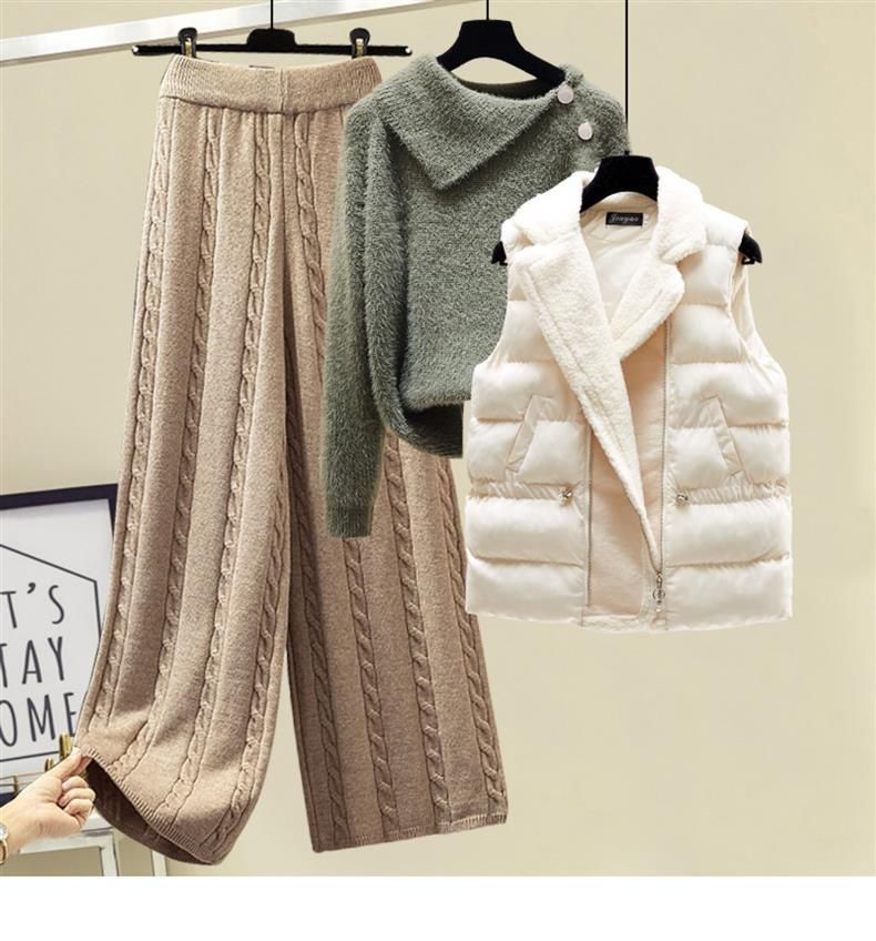 Women's Clothing three piece suit for women, designer sweater, thickened slim vest coat, high waist, cable pattern, wide leg casual pants_voghion.com