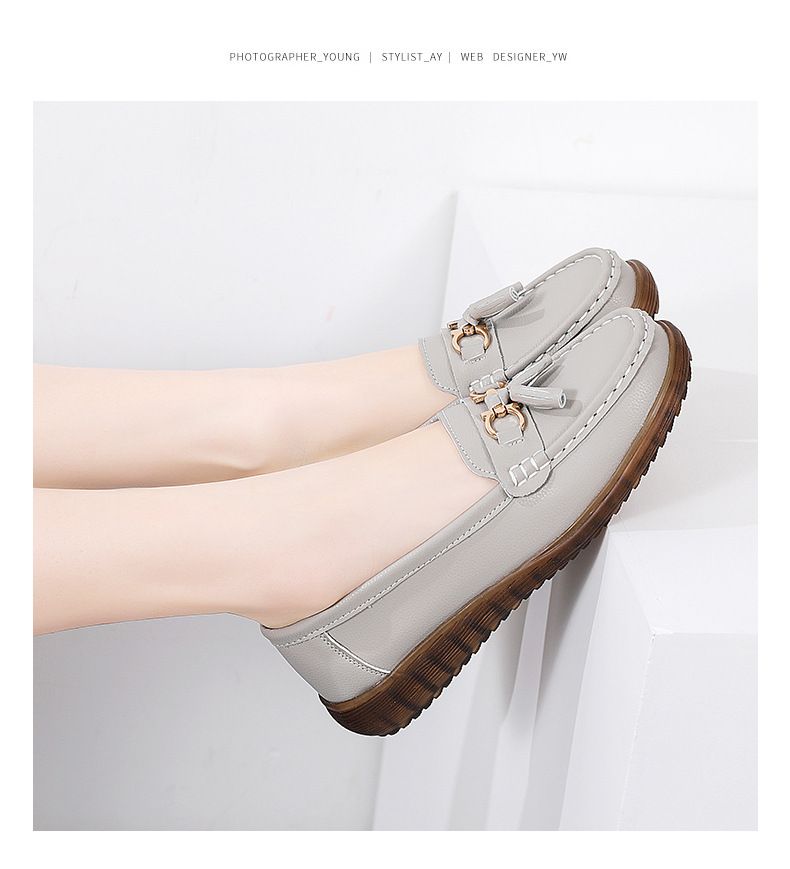 Neue frauen einzigen kopf rindsleder flach mund quaste lässig mutter paket fuß Lefou hang ferse leder schuhe_voghion.com