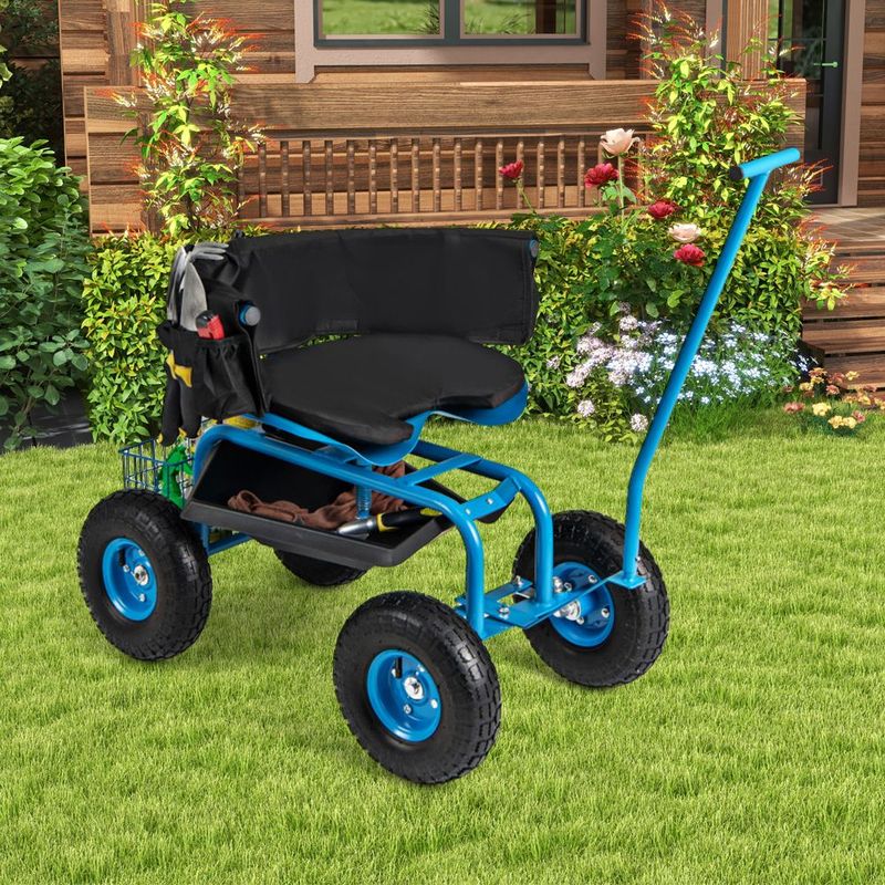 Carrello da giardino con ruote, sedile girevole regolabile in altezza e cestino portaoggetti_voghion.com