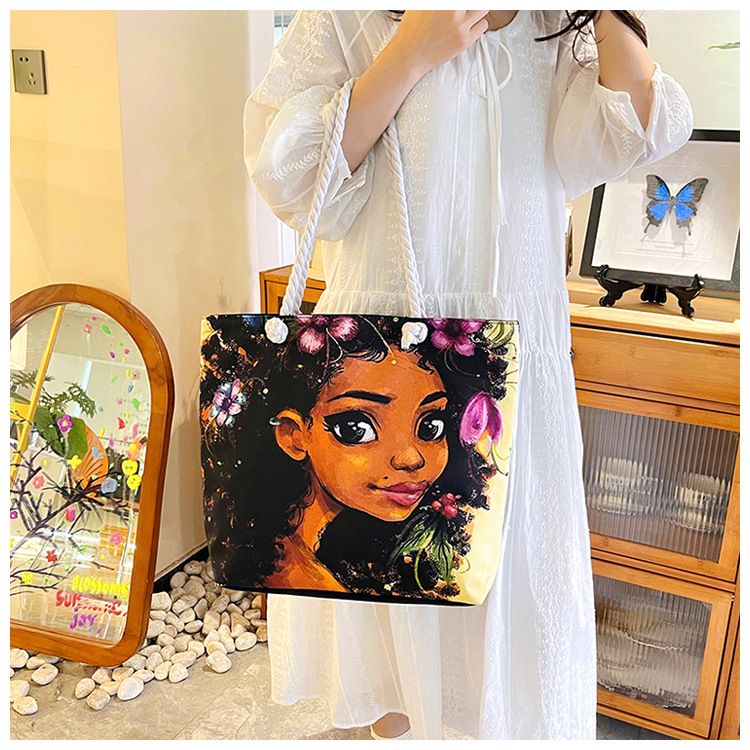 Outdoor Practical Versatile Retro Canvas Bag Cartoon Printed Portable Beach Bag Large Capacity Tote Bag_voghion.com