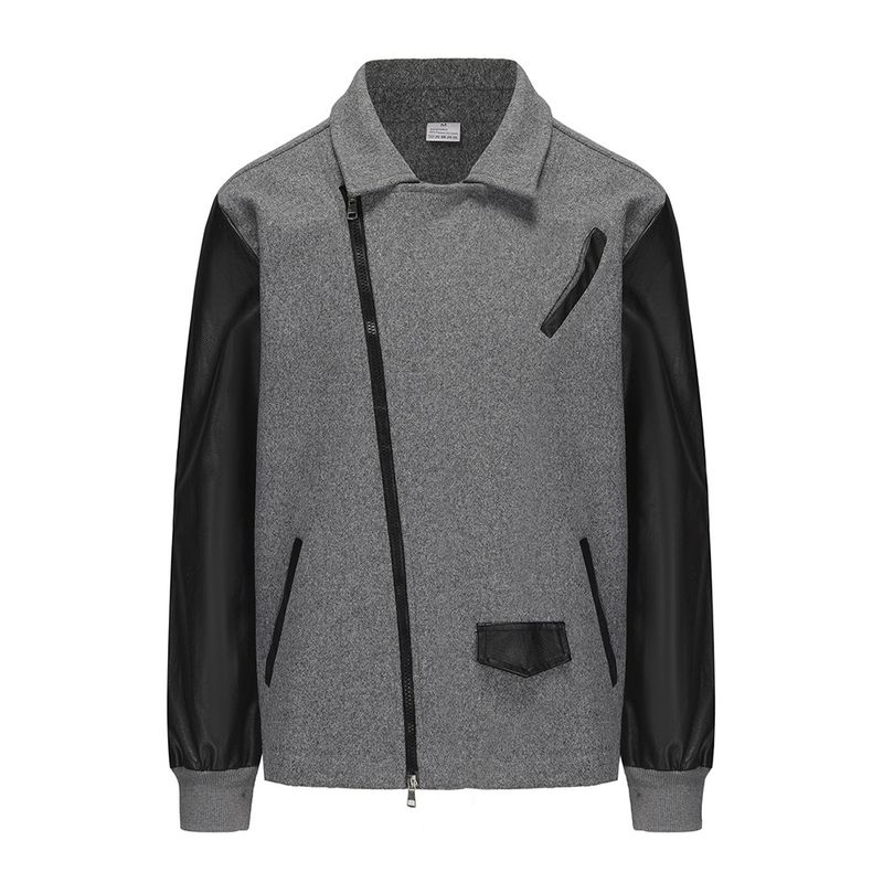 2024 New PU Leather Spliced Woolen Men's Jacket with Collar and Color blocked Zipper Coat_voghion.com