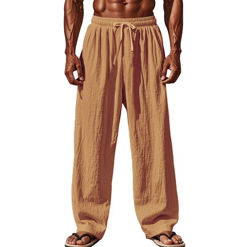 Neue Herrenhose aus Baumwolle und Leinen in Übergröße mit lockerer, einfarbiger, lässiger Schnürhose_voghion.com
