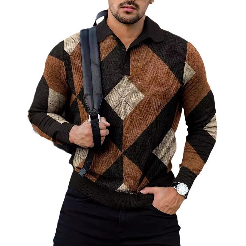 Digital bedrucktes, langärmliges, lässiges Poloshirt mit Reversknopf für Herrenbekleidung_voghion.com