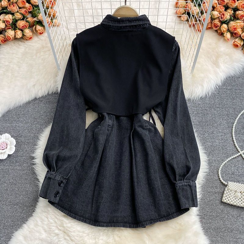 Roupas femininas Retro High End Colete curto Camadas Denim Camisa Saia Terno de duas peças_voghion.com
