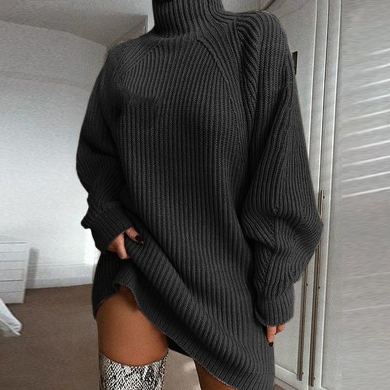 Autumn and Winter New Wish Knitted Sweater Solid Color Mid-Length Raglan Sleeve Half Turtleneck Sweater Dress for Women_voghion.com