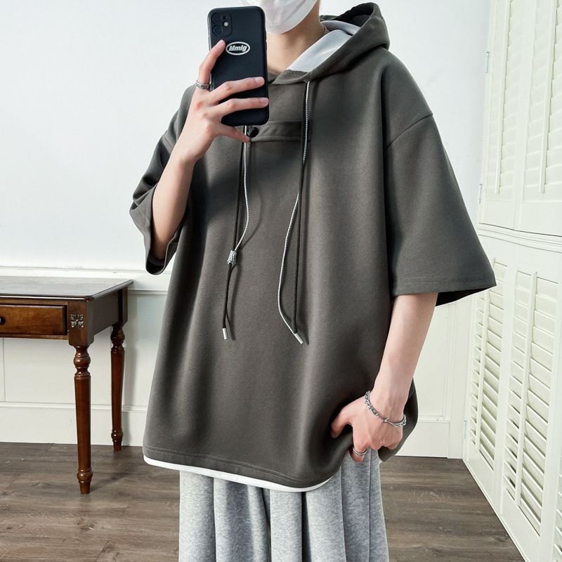 Maglietta con cappuccio da uomo a maniche corte e medie, estiva, per ragazzi, casual, sottile, a tinta unita, a maniche corte_voghion.com
