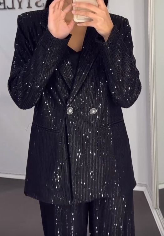 Damenbekleidung Lose Sternenpailletten Herbst- und Winteranzug Übergroßes Blazer-Set mit Allover-Sternenpailletten – Langarmanzug für Herbst und Winter_voghion.com