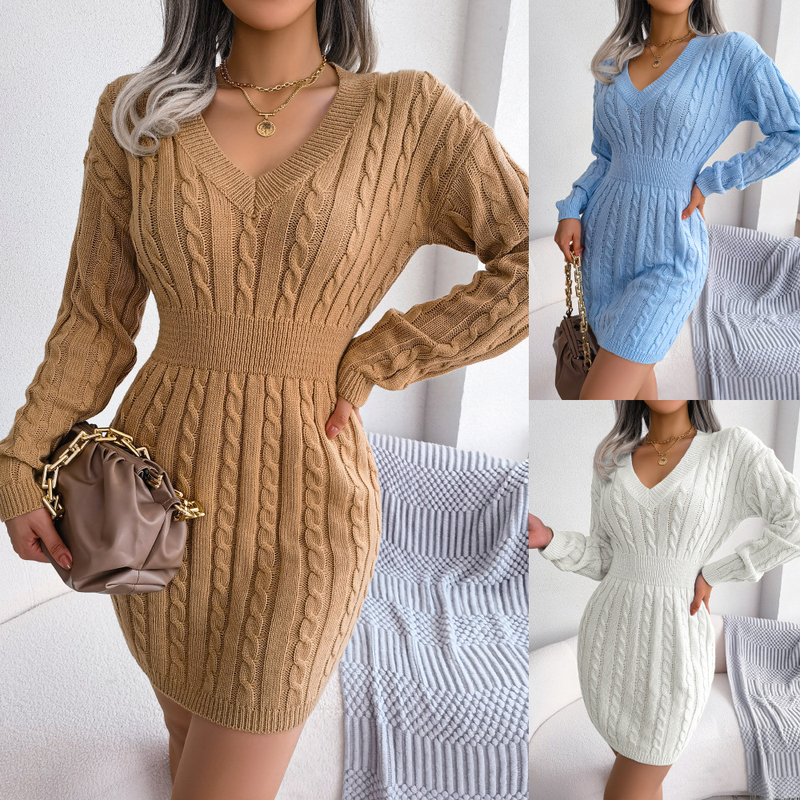 Abito in maglia aderente con trecce e cintura, stile Ins, autunno inverno, abbigliamento da donna_voghion.com