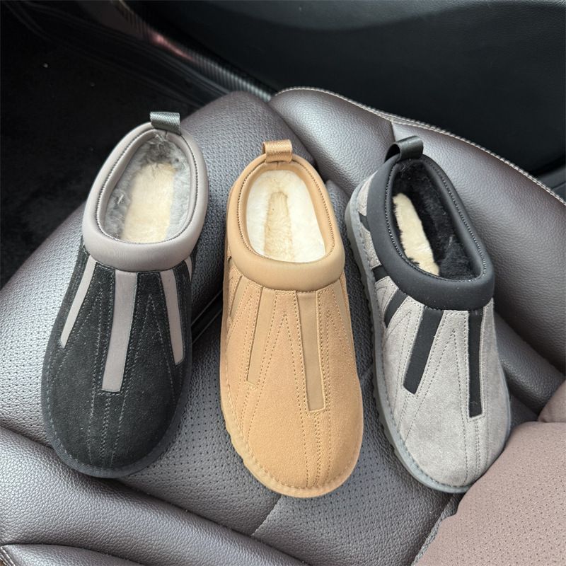 Neue Schneestiefel mit Halbschalenabsatz für Damen, Baumwollstiefel mit integriertem Schaffell, Hausschuhe, Futter aus Rindslederwolle und Fleece, rutschfest_voghion.com