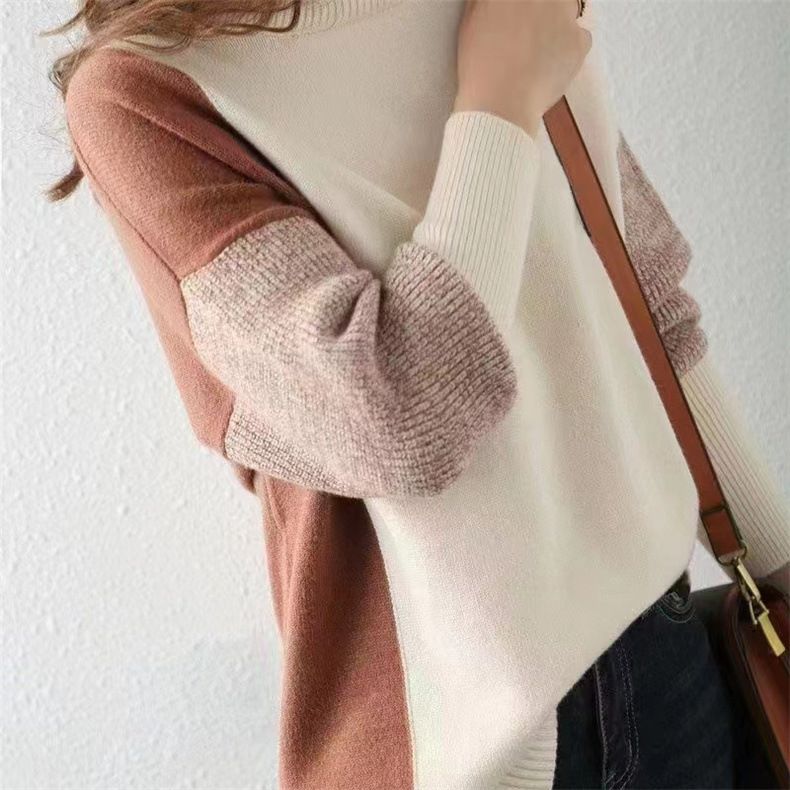 Maglione oversize a collo alto di ispirazione francese – Pullover in maglia color-block con dettagli a coste (vestibilità ampia ed elegante, comodo e indispensabile per un look a strati)_voghion.com