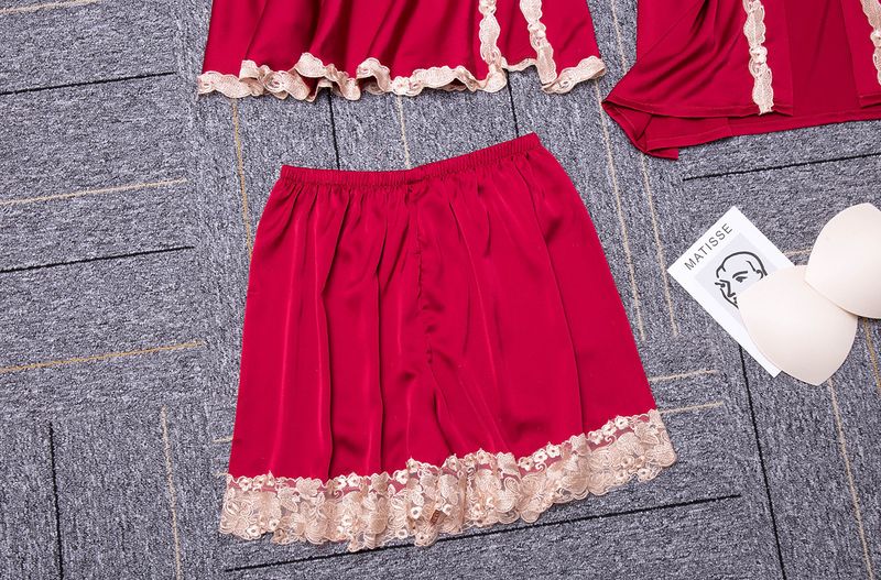 Yaoting Satin Chiffon Pyjamas Frauen Frühling und Sommer fünf Stück Eis Seide Sommer sexy Spitze Gürtel Brustpolster Hause Kleidung Herbst_voghion.com