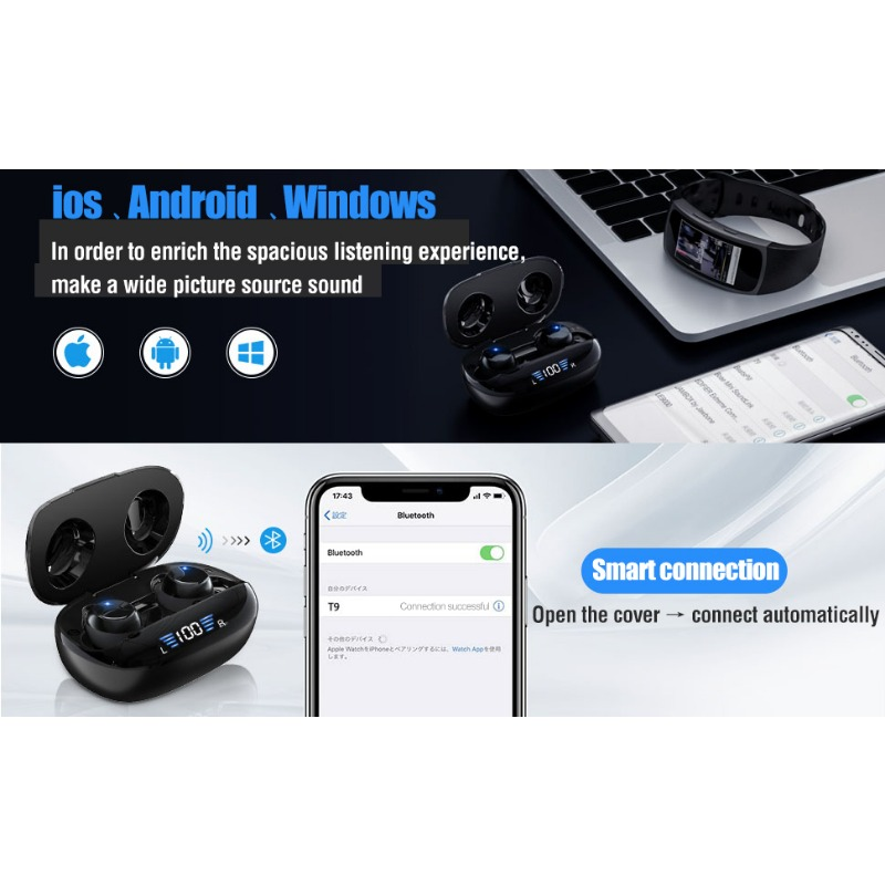 Słuchawki douszne T9 TWS Bluetooth Bezprzewodowe słuchawki douszne z redukcją szumów Słuchawki sportowe bez użycia rąk do urządzeń Apple z systemem Android i Huawei_voghion.com