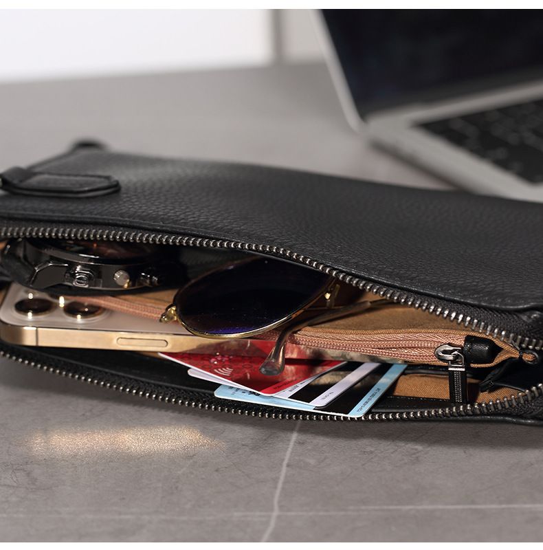 Men's Clutch Bag Wrist Bag First Layer Cowhide Zipper Men's Large Capacity Genuine Leather Wallet Mobile Phone Bag Men's Casual Business Handbag_voghion.com