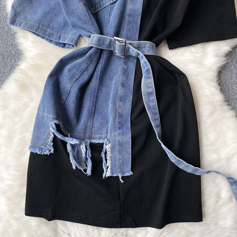 Abbigliamento Donna Abito patchwork in denim girocollo da donna, vita estiva snellente media e lunga irregolare_voghion.com