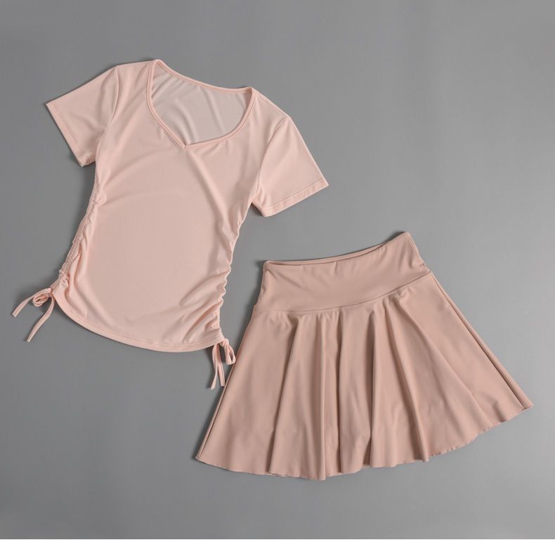 Ropa de yoga, camiseta de manga corta para mujer, top adelgazante con cordón, ropa de entrenamiento de pilates, ropa de fitness, falda plisada_voghion.com