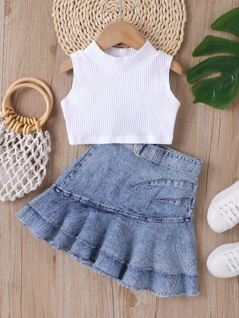 Moeder & Kinderen Kinderkleding Meisjes Effen Kleur Vest Mouwloos Top Denim Open Zak Geplooide Rok Pak_voghion.com