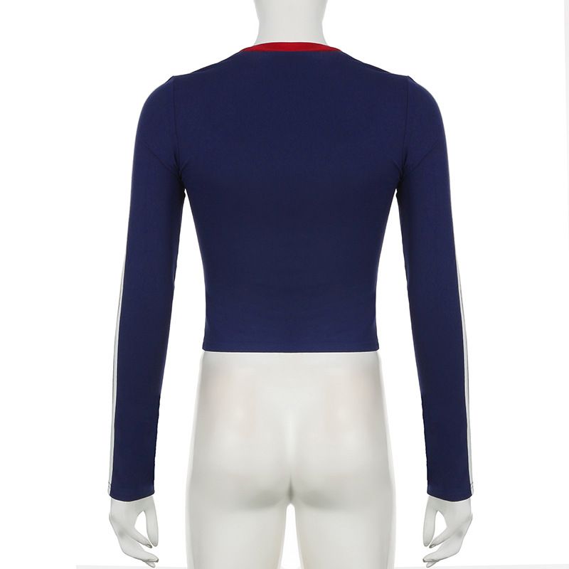 T-shirt da donna in stile retrò americano, vestibilità slim, girocollo, manica lunga, stampa a righe – Tessuto in maglia confortevole con design a blocchi di colore_voghion.com