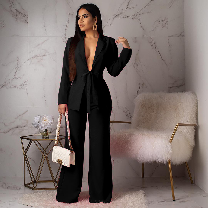 Vêtements pour femmes, petit costume avec cravate à la taille, costume deux pièces professionnel décontracté à la mode pour femmes_voghion.com