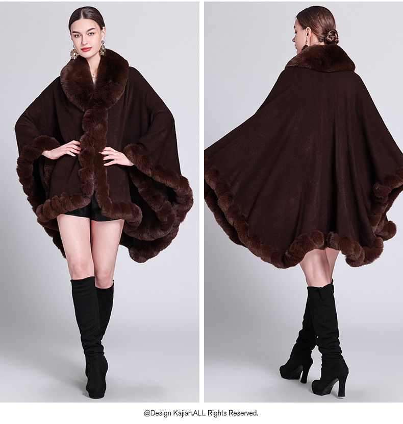 Eleganter Damen-Cape-Mantel mit Kunstpelzkragen – Übergroßer Strickjackenschal für Winter, Frühling und Herbst_voghion.com
