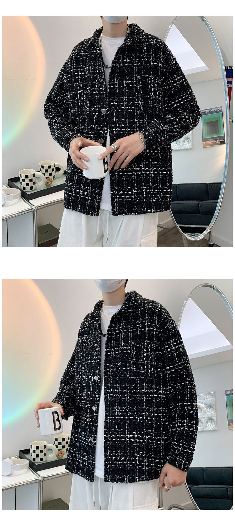 Pi Shuai Mantel Herren INS Trendy Plaid Strickoberteil Frühling und Herbst Koreanische lockere Freizeitarbeitsjacke_voghion.com