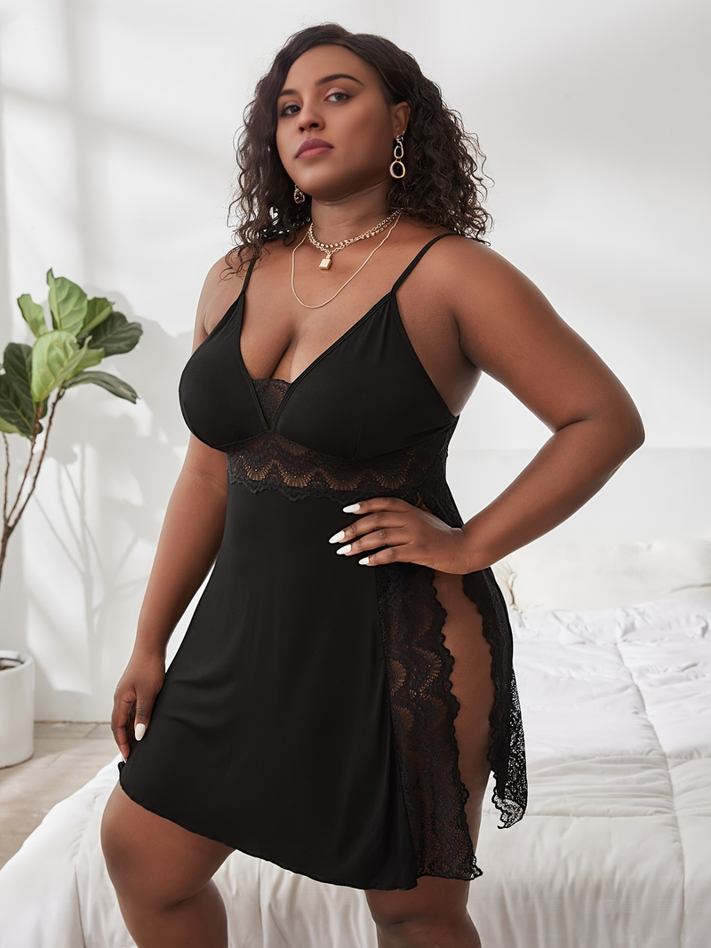 Plus-size effen contrasterende kanten cami sexy nachtjapon, dames plus lichte stretch semi-transparante loungewear_voghion.com