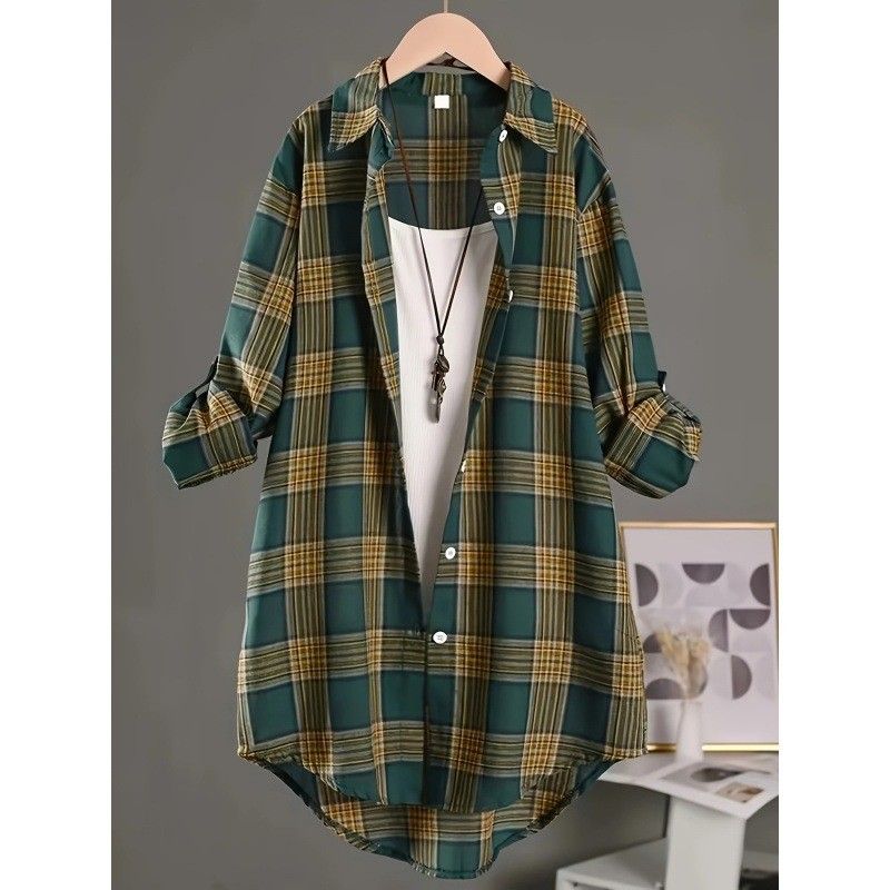 Verve Plus Size Plaid Baumwolle Leinen Damen Ärmel Lässig Stilvoll Lange Mode Lose Hemdjacke_voghion.com