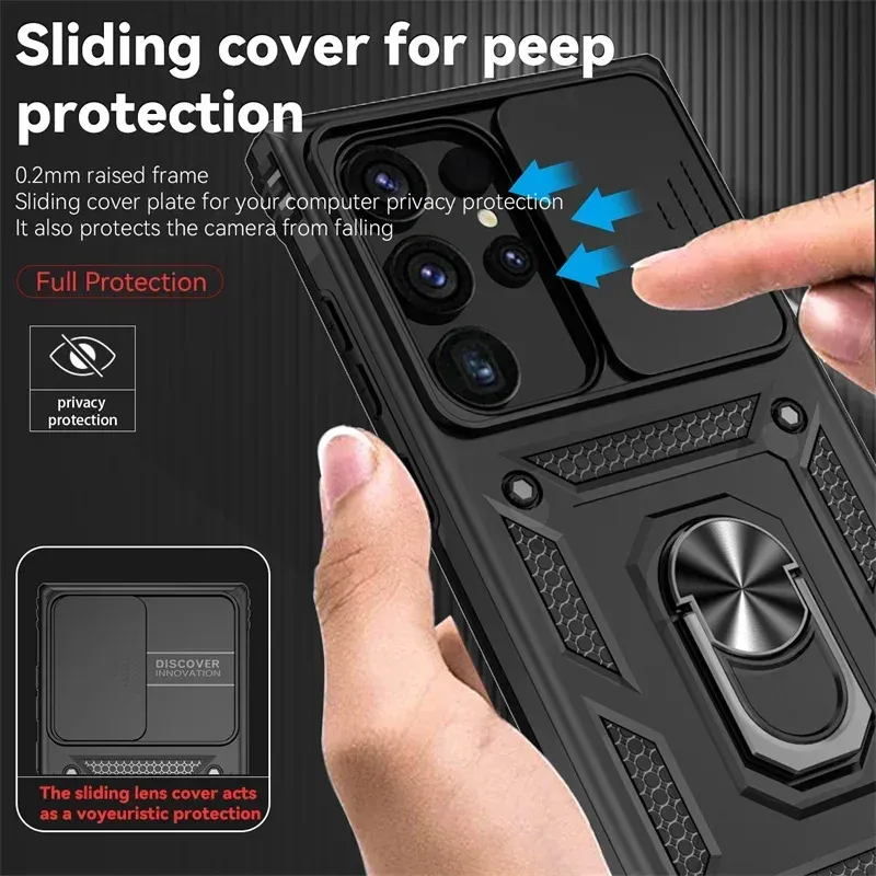 Armor Magnetic Bracket Case For Samsung Galaxy A16 A06 A55 A35 A15 A05 A05S A54 A34 A24 With Lanyard Slide Camera Protect Cover_voghion.com