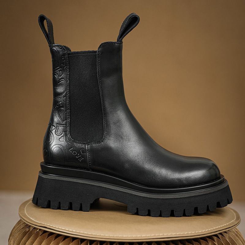 Herbst Neue Britische Stil Echtleder Schornstein Dicke Sohle Kurze Vielseitige Mid-Calf Stiefel_voghion.com