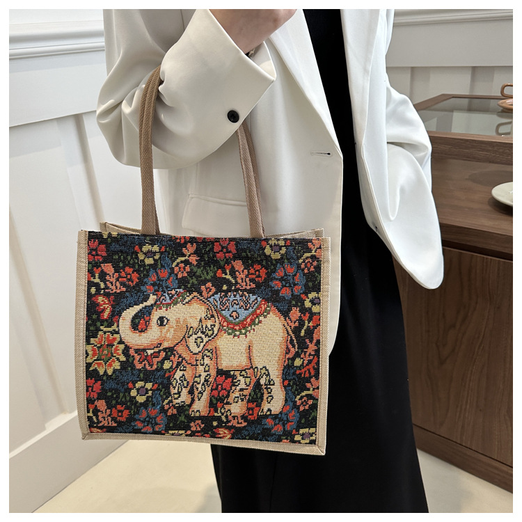 Ethnic Style Cartoon Elephant Xishuangbanna Tourism Handbag, Women's Shoulder Bag, Embroidered Canvas Bag_voghion.com