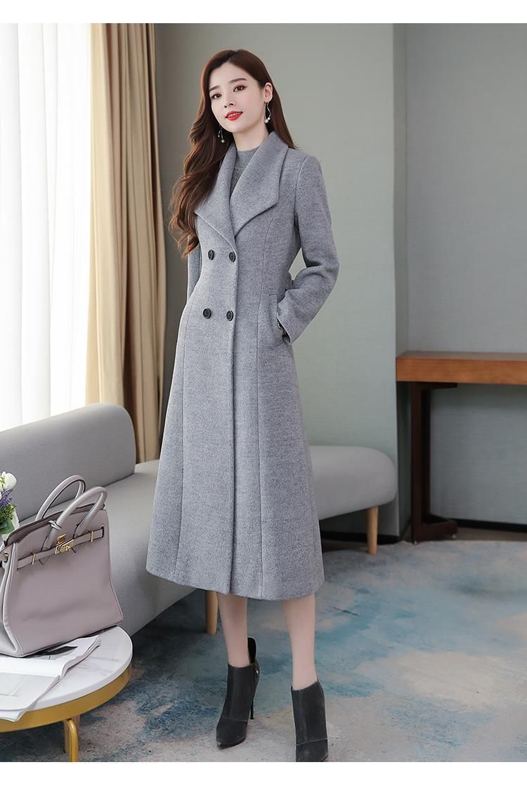 Women's Long Wool Trench Coat With Belted Waist, Double-Breasted Notch Lapel, Plus Size Overcoat For Autumn Winter_voghion.com