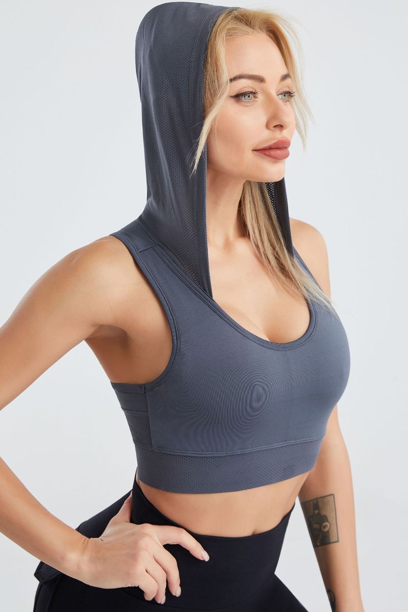 Cross-border hooded yoga wear for women summer mesh breathable quick-drying vest running nude sports bra with chest pads_voghion.com