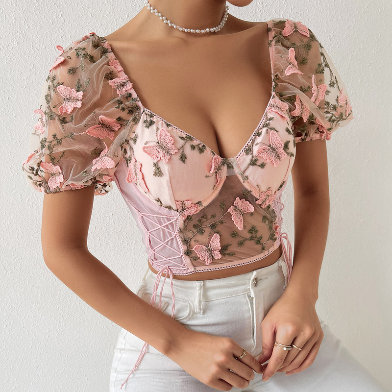 Women's clothing backless perspective suspender splicing mesh gauze small vest_voghion.com