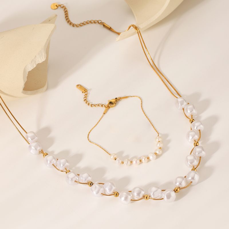 1Pc/2Pcs Pearl Chain Bracelet Earrings For Women, Stainless Steel Plated Gold Fashion Jewelry Accessories_voghion.com