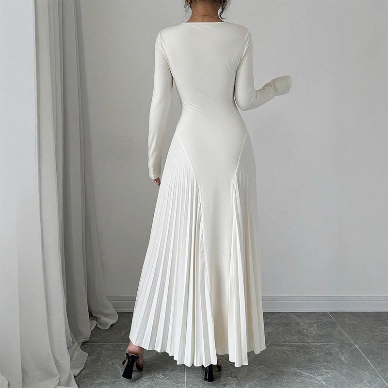Nuovo abito plissettato a maniche lunghe lavorato a maglia, gonna lunga, elegante, sottile, versatile, alla moda_voghion.com