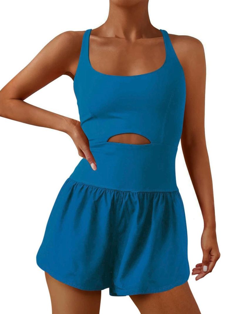 Tweedelige Illusion U-hals afslankende modieuze tanktop met aansluitende shorts, effen kleur, open rug, uitgeholde strakke romper voor dames_voghion.com