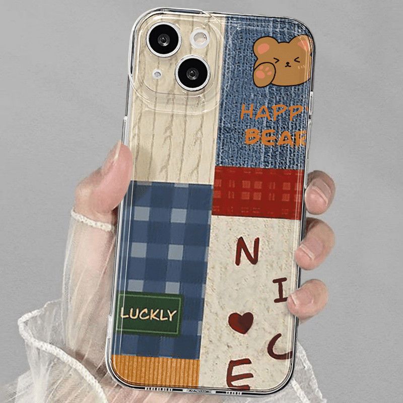 Custodia a forma di orso a scacchi blu TechGlobe per iPhone 15 Pro Max 16, nuovo modello 14/13/12, trasparente e morbida_voghion.com