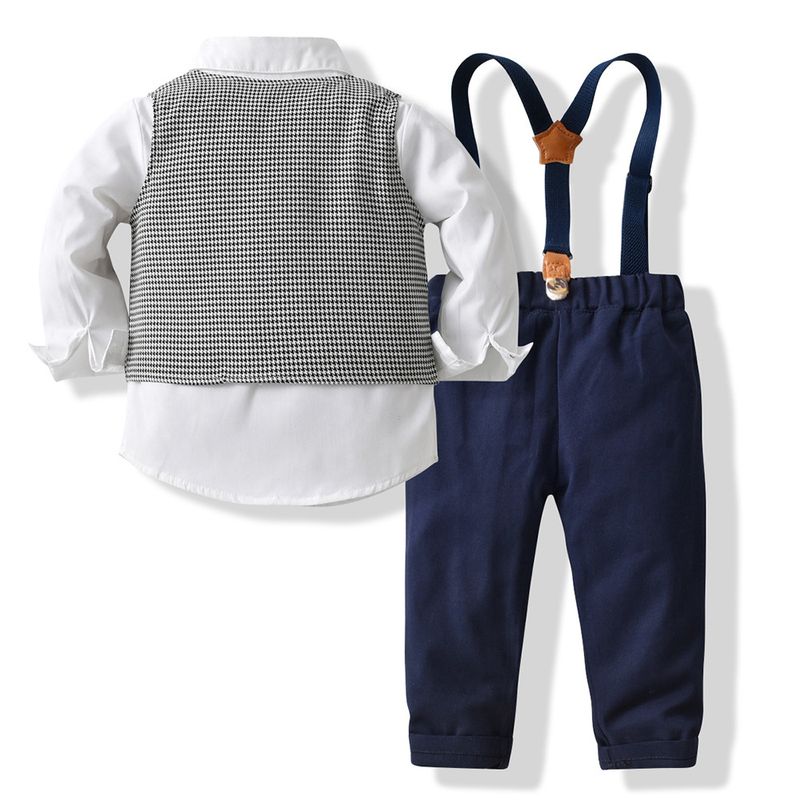 Kinderkleidung Jungenkleidung im britischen Stil karierte Weste, Hemd, Hosenträger, Hose dreiteiliger Anzug modisches Geburtstagskleid für Jungen_voghion.com